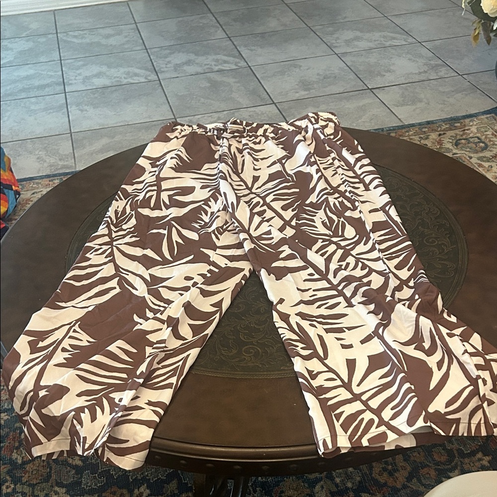 Tropical Leaf Print Pants in Brown and Cream